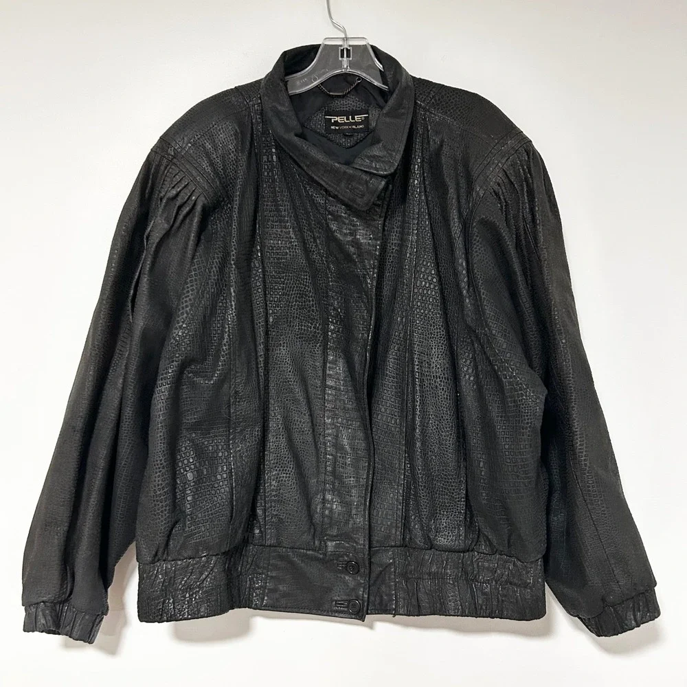 Pelle New York Milano Mens Black Embossed Leather Bomber Jacket Size‎ L